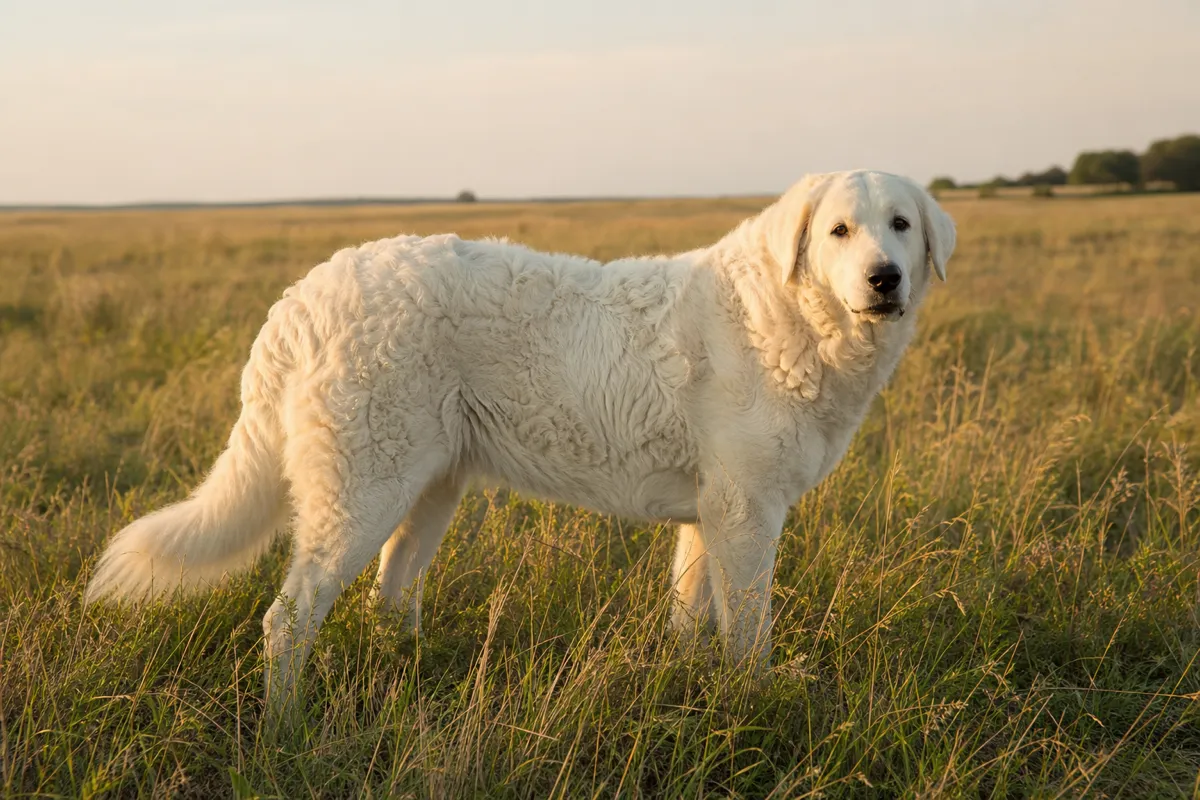 Kuvasz auf der weiten ungarischen Puszta im warmen Abendlicht